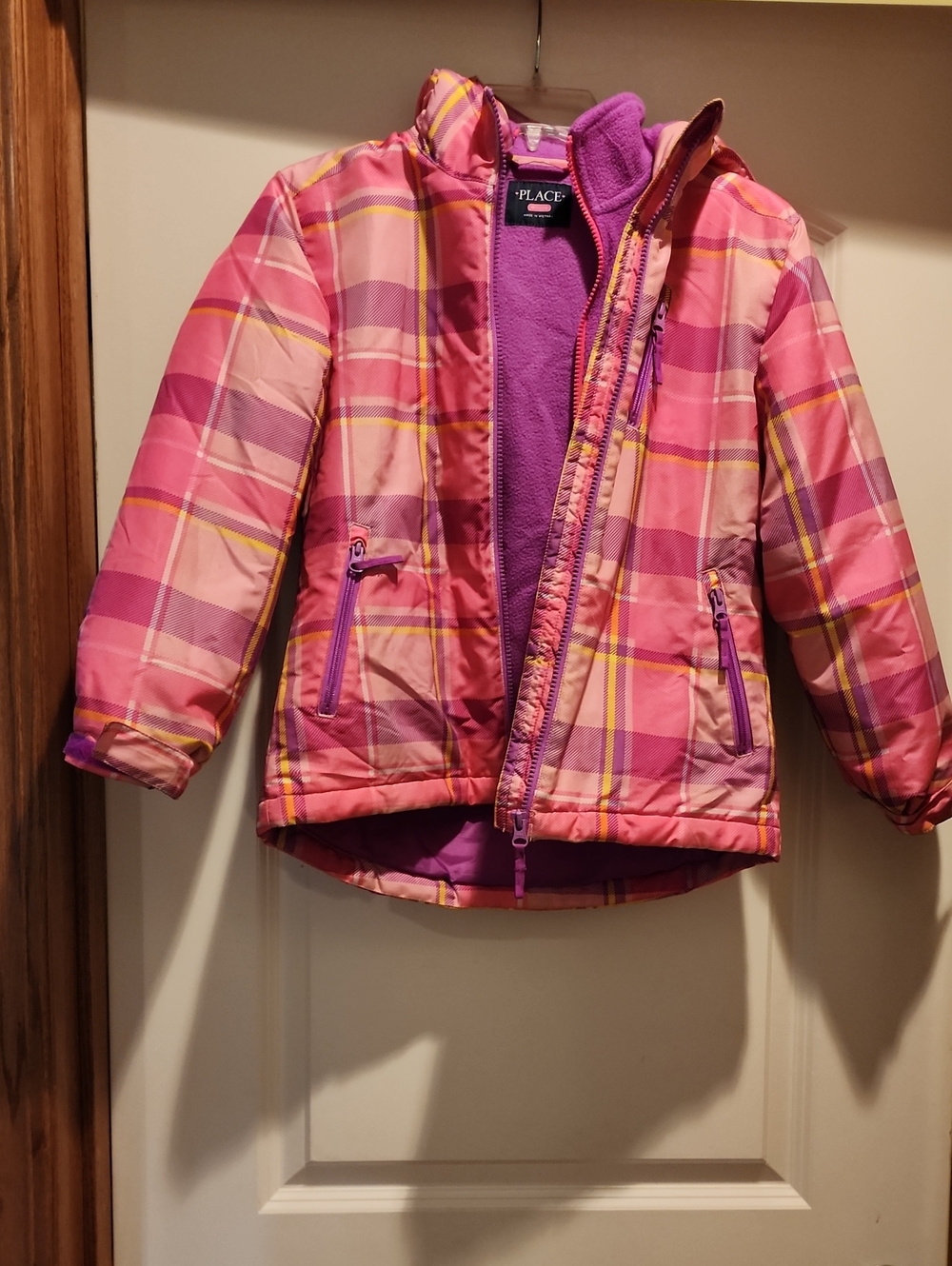The Children's Place Plaid Winter Jacket Coat Pink Purple Girls Size 7/8 (Read)